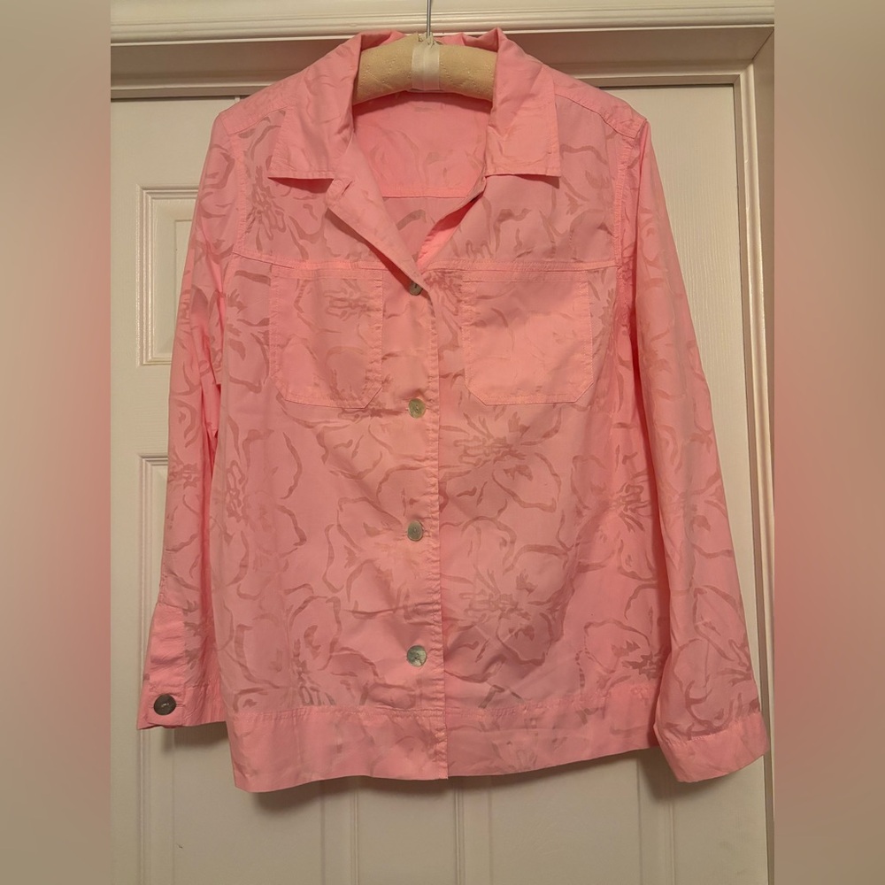 Denim&Co Coral Floral Burn-out fabric Bomber Jacket 1X